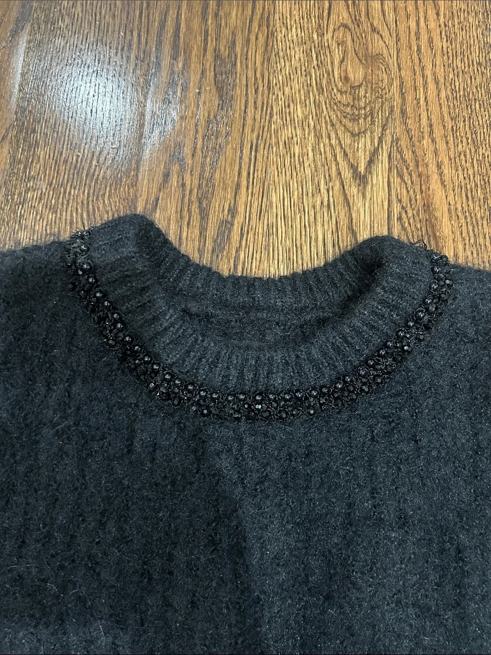 Zara Black Short-Sleeve Beaded Crewneck Sweater